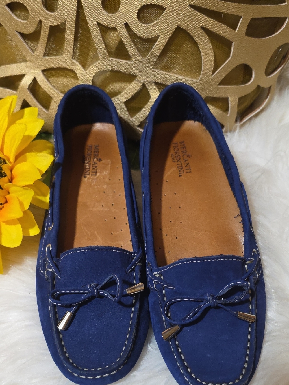Mercanti Fiorentini Blue Suede Moccasins with Bow Detail
